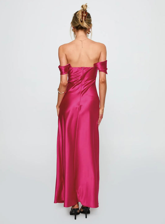 Fuchsia Satin Off - Shoulder Maxi Dress Column Backless Solid Color Prom Dresses