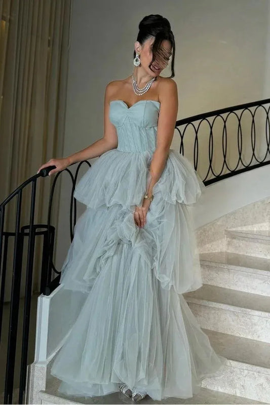 Glamorous Ballgown Strapless Sleeveless Backless Tiered Tulle Maxi Prom Dress