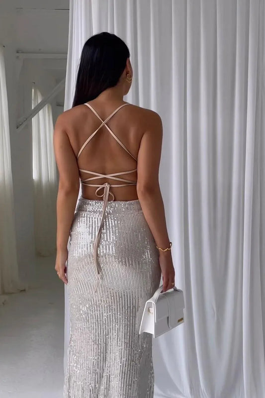Glamorous Mermaid Spaghetti Strap Crisscross Backless Sequin Maxi Dress With Slit
