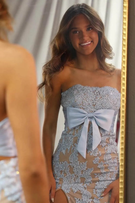 Glamorous Mermaid Strapless Lace Applique Bow Detail High Slit Evening Dress