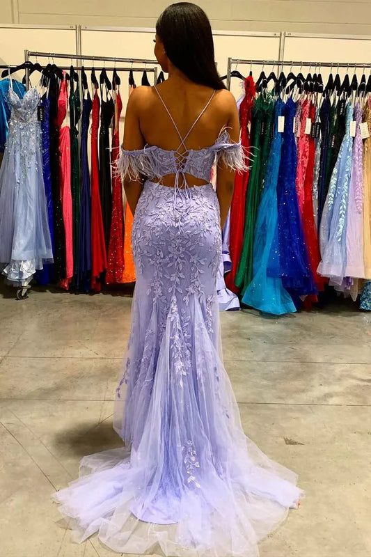 Glamorous Mermaid V Neck Cold Shoulder Tulle Maxi Prom Dress