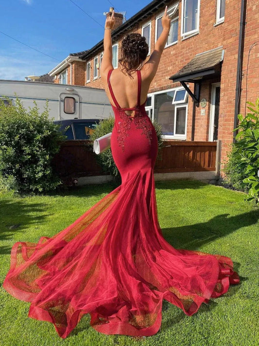 Glamorous Mermaid V-Neck Sleeveless Lace Beaded Tulle Maxi Prom Dress