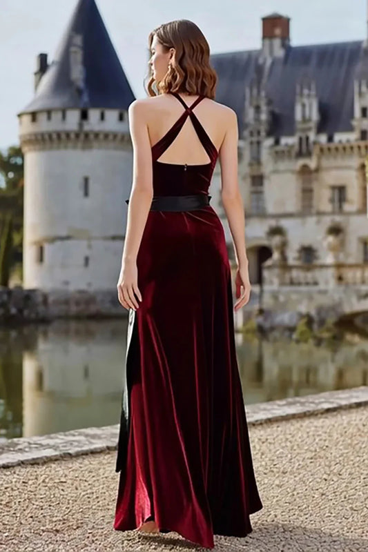 Glamorous A-Line Halter Neck Sleeveless Velvet Floor-Length Prom Dress