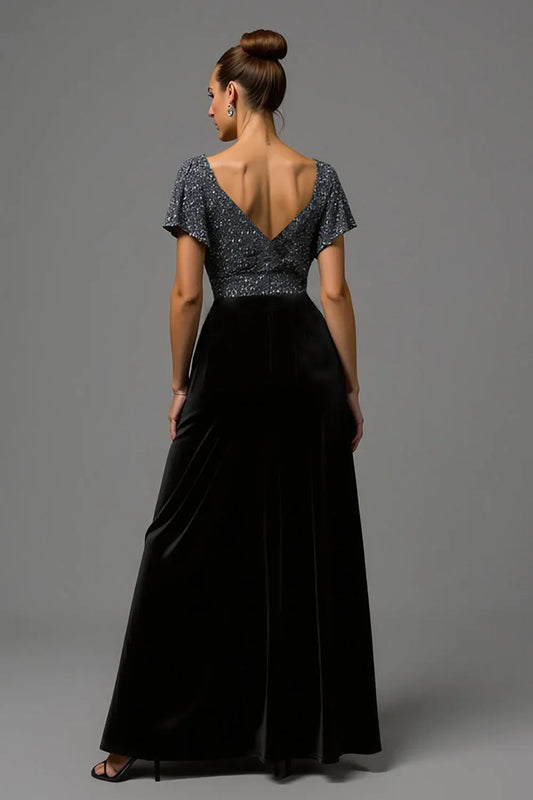 Glamorous A Line V Neck Flutter Sleeve Sequins Floor-Length Prom Dress