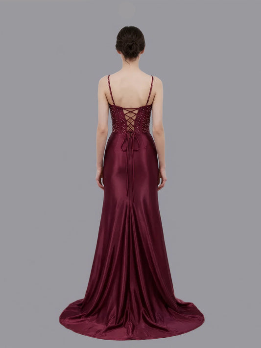 Glamorous Mermaid Spaghetti Strap Lace-up Embroidered Satin Prom Gown