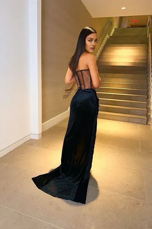 Glamorous Mermaid Sweetheart Sleeveless Satin Split Sweep Train Prom Dress