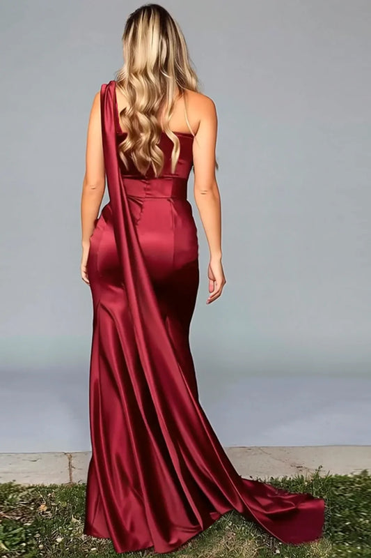 Glamorous Mermaid/Trumpet One Shoulder Sleeveless Satin Sweep/Brush Train Prom Dress