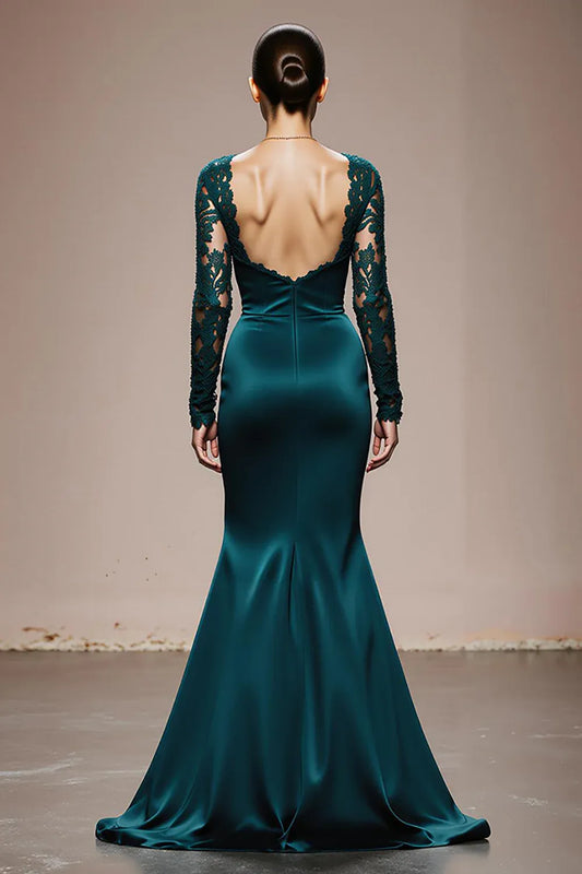 Glamorous Mermaid/Trumpet Square Neck Lace Sleeves Satin Sweep/Brush Train Prom Dress