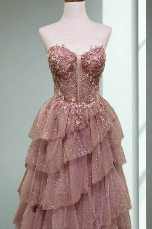 Glamorous Tiered Strapless Sleeveless Tulle Ball Gown Prom Dress