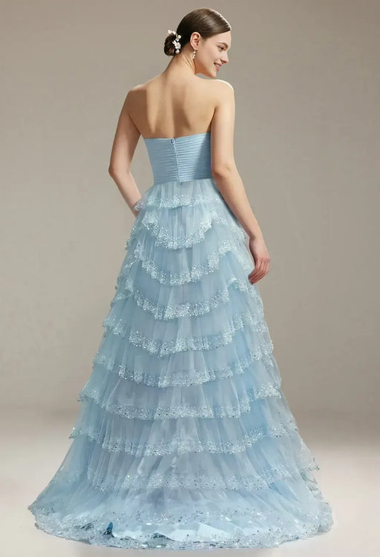 Gorgeous A-Line Straight Neck Sleeveless Ruffle Tulle Lace Floor Length Prom Dress