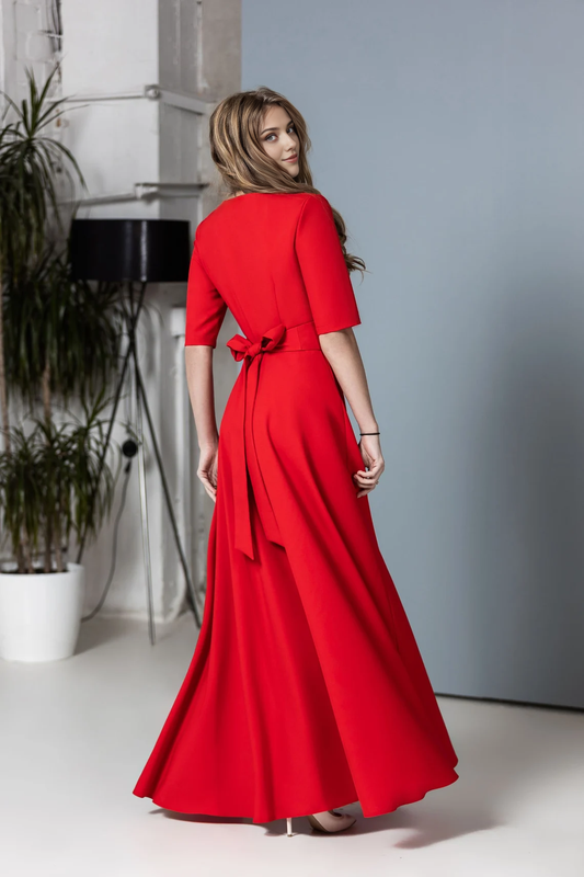 Gorgeous A-line Red Short Sleeves Round Neck Floor Length Prom Party Dress
