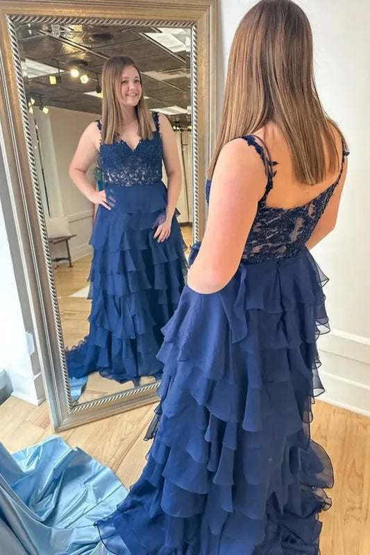 Gorgeous V Neck Sleeveless Empire A-Line Chiffon Tiered Long Prom Dress
