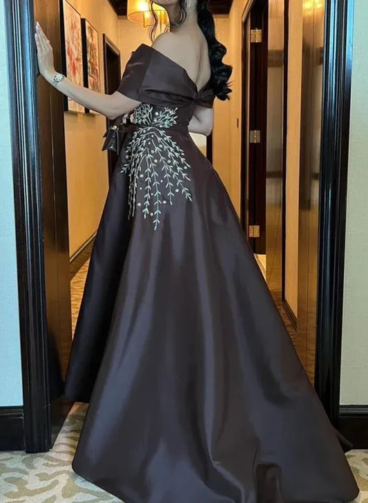 Graceful A-Line Off-The-Shoulder Sleeveless Pleated Satin Floor-Length Prom Dress