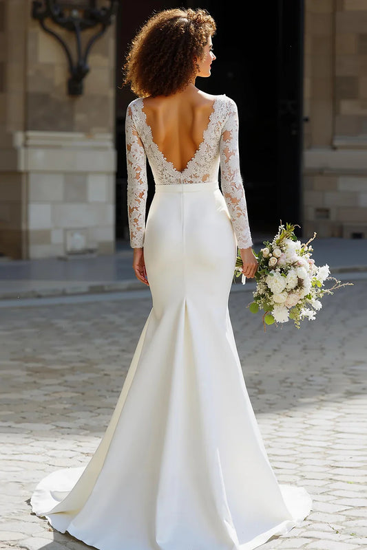 Graceful Mermaid/Trumpet Boat-Neck Long Sleeve Chiffon Sweep Train Wedding Dress