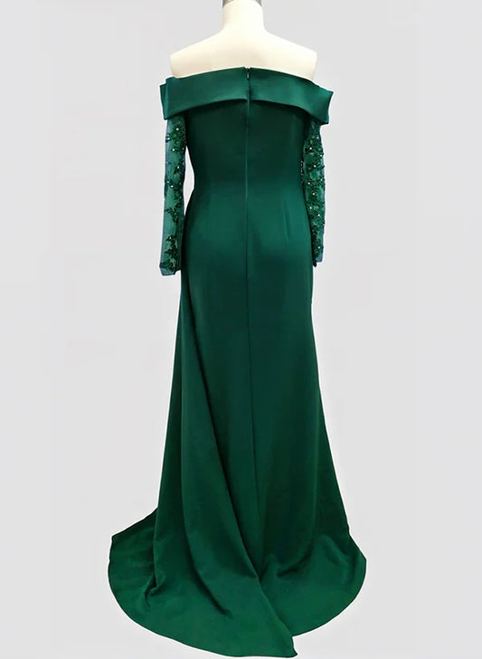 Graceful Sheath Off-The-Shoulder Long Sleeves Slit Satin Sweep Train Prom Dress