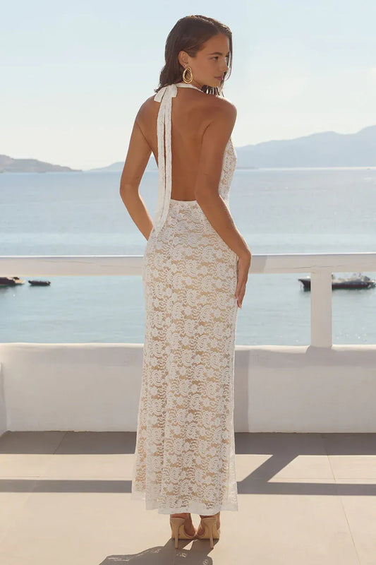 Graceful Slim Cowl Neck Sleeveless Ruched Lace Floor-Length Prom Dress