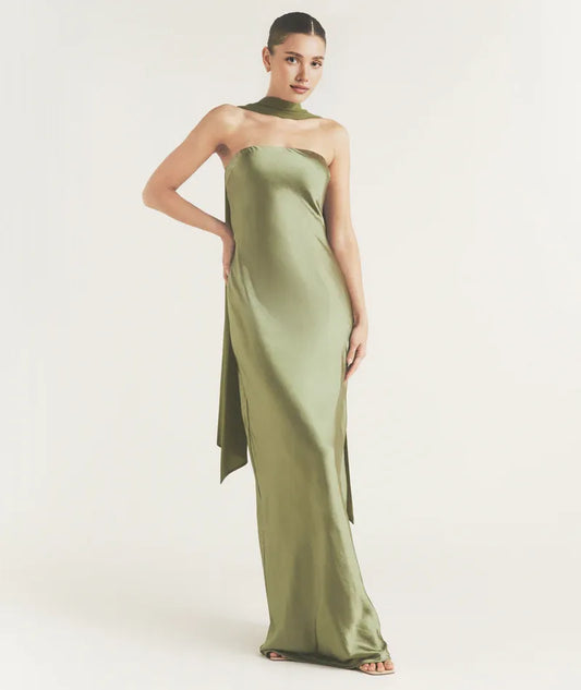 Dress Fashion Strapless Neck Satin Bridesmaid Dress Maxi Dress Backless Solid Color Sleeveless Prom Dress With Scarf