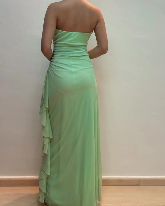 Formal Women's Dresses Strapless Green Sheath Ruffle Long Prom Dress Prom Dresses Stores