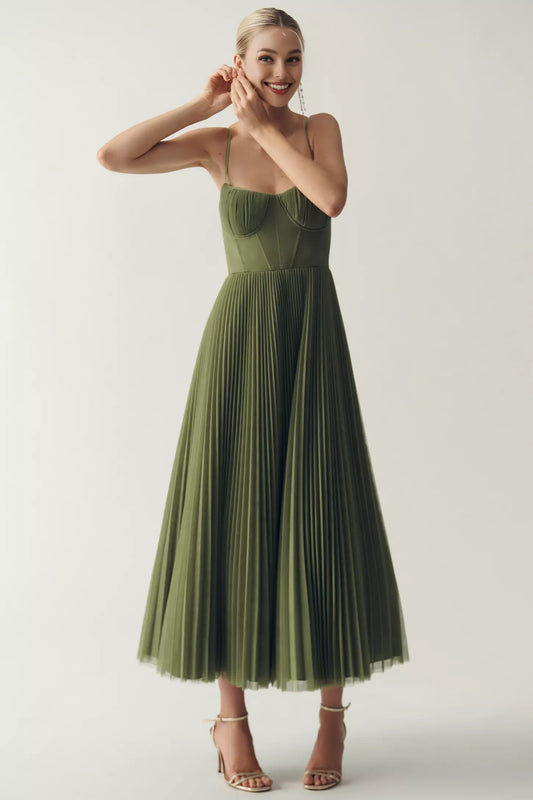 Dress Corset Pleated Tulle Fit & Flare Midi Dress Spaghetti Straps Blue A-line Prom Dress