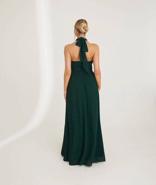 Dress Fashion Halter Neck Pleated Waist Chiffon Bridesmaid Dress Maxi Dress Solid Color Emerald Sleeveless A-Line Prom Dress