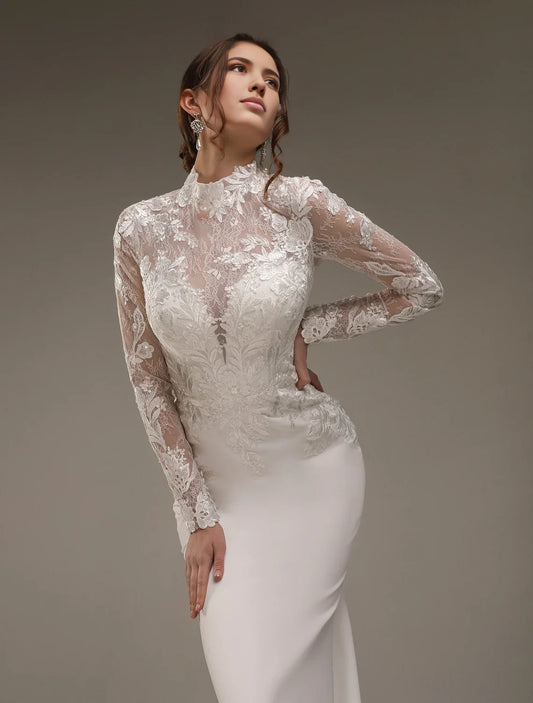 Ivory Lace‑Satin Mermaid High‑Neck Long‑Sheer‑Lace Illusion Button‑Back Chapel‑Train Wedding Dress For Church