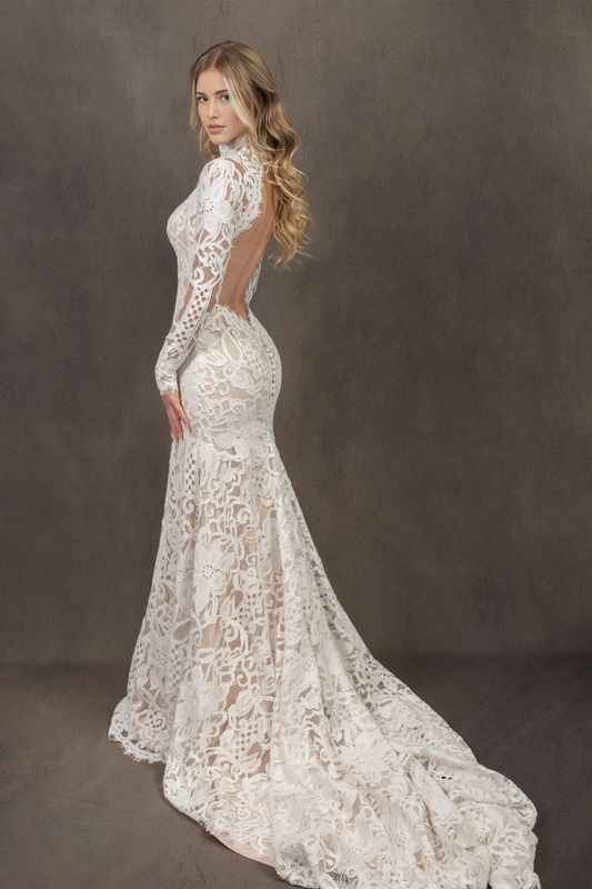 Hight Neck Elegant Long Sleeve Wedding Dress Bride Dress Open Back Lace With Train
