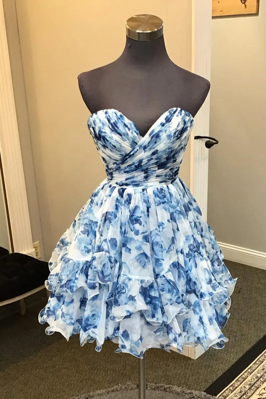 Blue Printed Strapless A-Line Tiered Homecoming Dress Formal Wear Dresses Prom Dress Stores