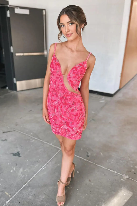 Prom Dress Store Trendy Spaghetti Straps Pink Short Homecoming Dress with Embroidery Formal Women's Dresses