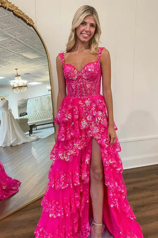 Hot Pink Sweetheart Corset Tiered Ruffle High Slit Sequin Tulle Prom Dress