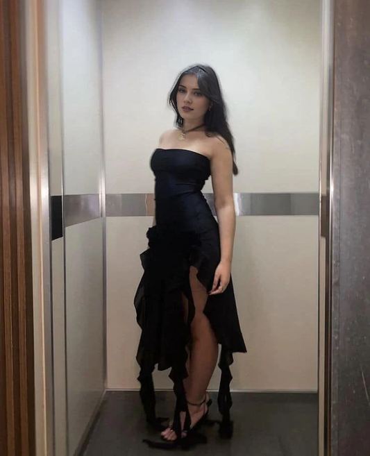 Irregular Ruffle Sexy Sheath Strapless Long Black Slit Floral Prom Dresses
