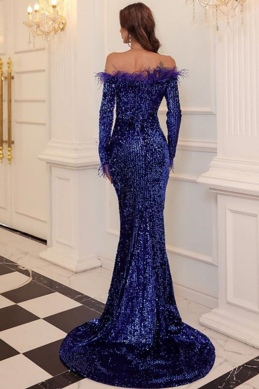 Mermaid Sweep Train Of The Shoulder Prom Dress With Sequins
