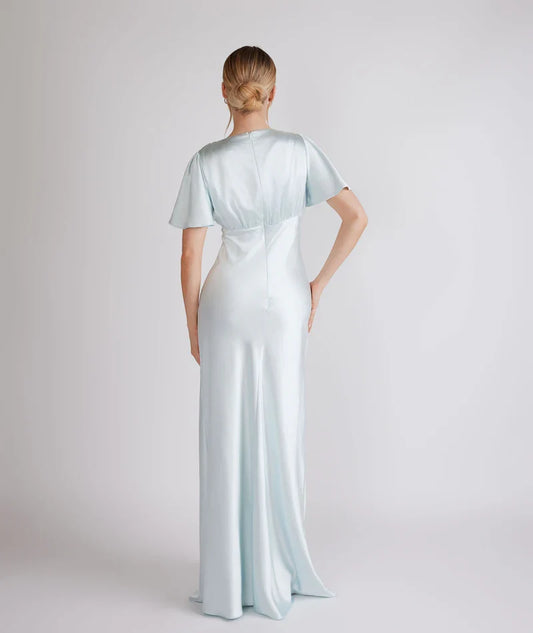 Dress Fashion Gathered Bust Satin Bridesmaid Dress Maxi Dress Solid Color Champagne Flutter Sleeve Column Prom Dress