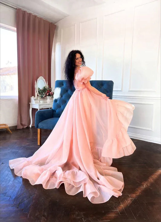 Formal Women's Dresses Pink A-Line Organza Long Prom Dress Engagement Dress with Puff Sleeves Prom Clothing