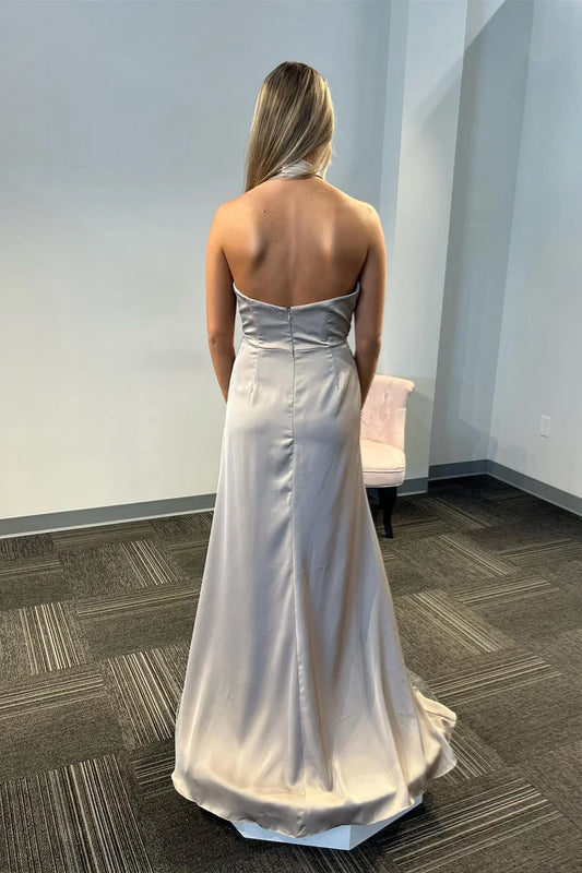 Formal Women's Dresses Grey Satin Halter Backless Long Prom Dress with Slit Prom Dress Stores