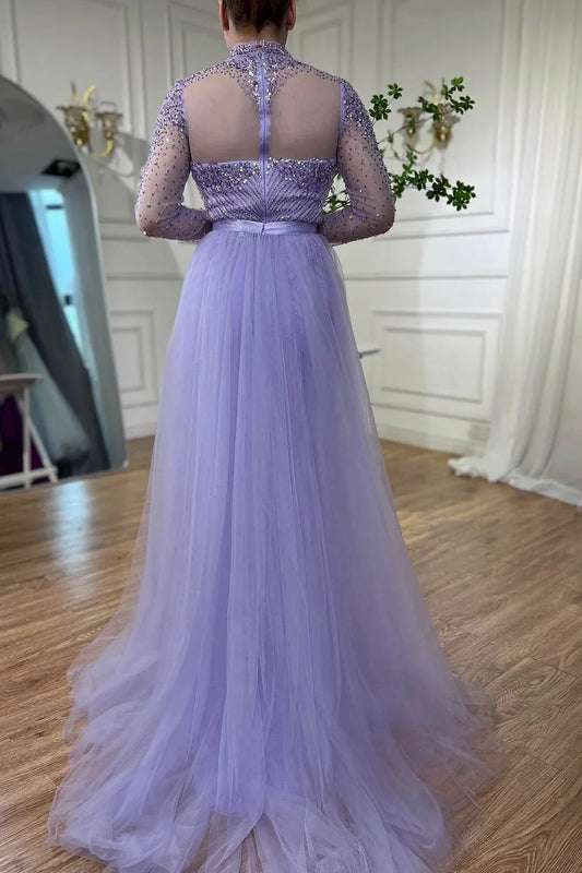 Formal Women's Dresses Lilac Elegant Beading Long Sleeves High Neck Tulle Formal Party Dress Prom Dress Stores