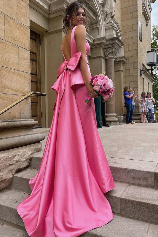 Formal Wear Dresses Pink V Neck Backless Long with Slit Prom Dress Stores With Prom Dresses Formal Women's Dresses