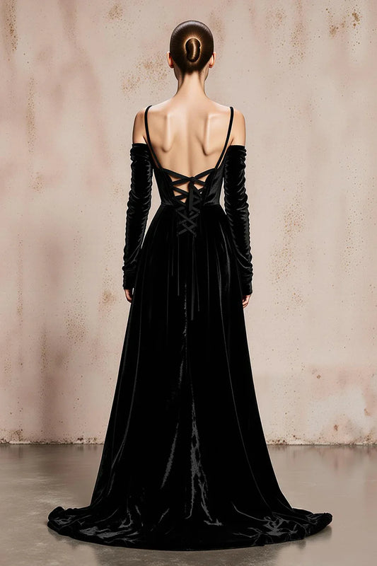 Luxurious A-Line Cold Shoulder Long Sleeve Velvet Sweep/Brush Train Prom Dress
