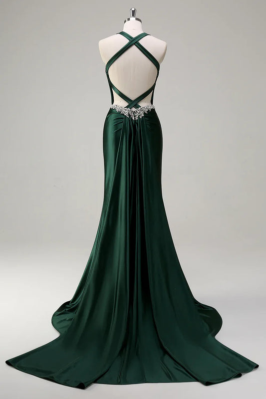Luxury Mermaid/Trumpet Halter-Neck Sleeveless Satin Sweep/Brush Train Evening Dress