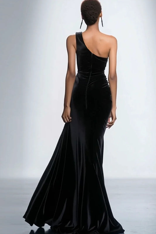 Luxury Mermaid/Trumpet One Shoulder Sleeveless Velvet Sweep/Brush Train Evening Dress