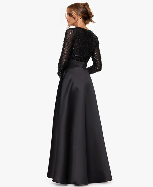 Modern A-Line Halter Neck Long Sleeve Pleated Sequins Floor-Length Prom Dress