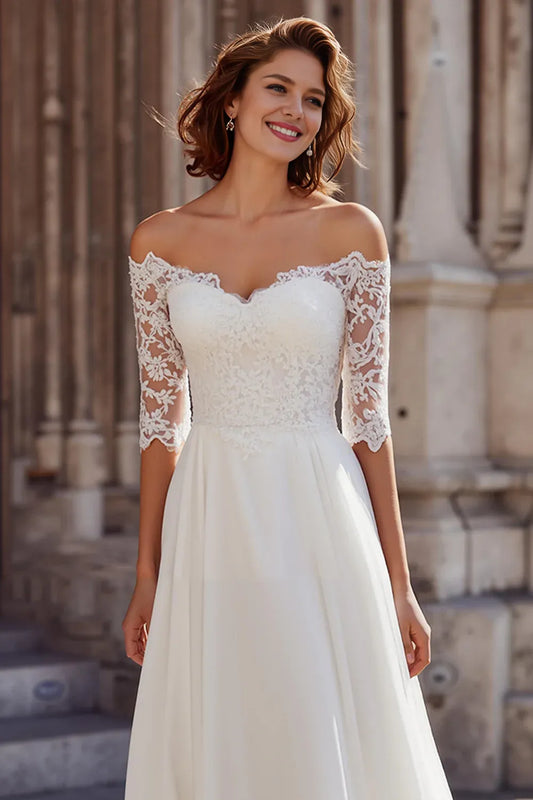 Modern A-Line Off the Shoulder 1/2 Sleeve Chiffon Sweep Train Wedding Dress