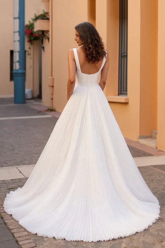 Modern A Line Square Neck Sleeveless Tulle Sweep Train Wedding Dress