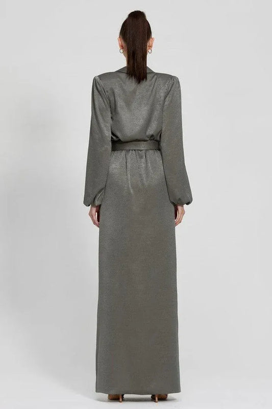 Modern Fitted V Neck Long Sleeve Satin Floor-Length Prom Dress