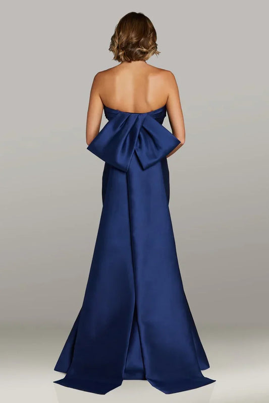 Navy Satin Mermaid Strapless Bandeau Bow‑Back Floor‑Length Mother Of The Bride Dress
