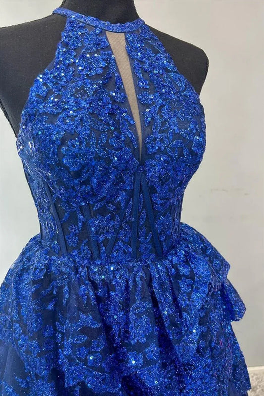 Multi Layer Gorgeous A Line Halter Neck Royal Blue Corset Slit Prom Dress with Lace Ruffles