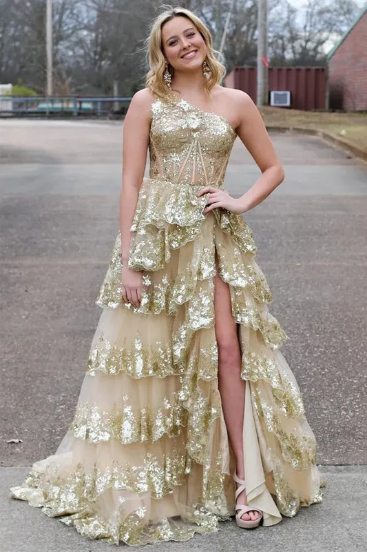 Navy Blue One Shoulder Sequin Lace Tiered Ruffle High Slit Tulle Prom Dress