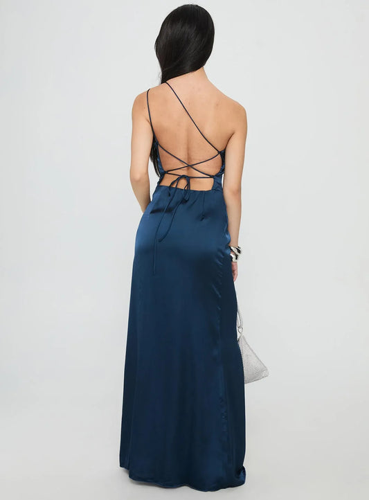 Navy Blue Satin One - Shoulder Backless Maxi Dress with Side Slit Prom Dresses