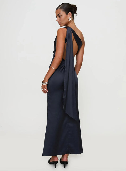Navy Blue Satin One - Shoulder Backless Maxi Dress Elegant Prom Dresses for Ladies