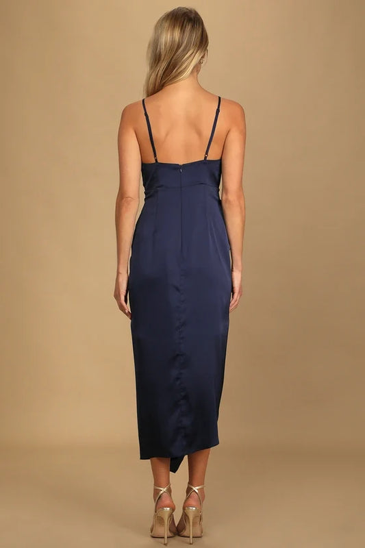 Formal Women's Dresses Caught Feelings Navy Blue Satin Ruffled Dress Sleeveless Spaghetti Straps Prom Dress Stores