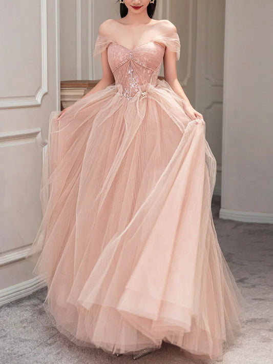 Pink tulle lace long prom evening dress